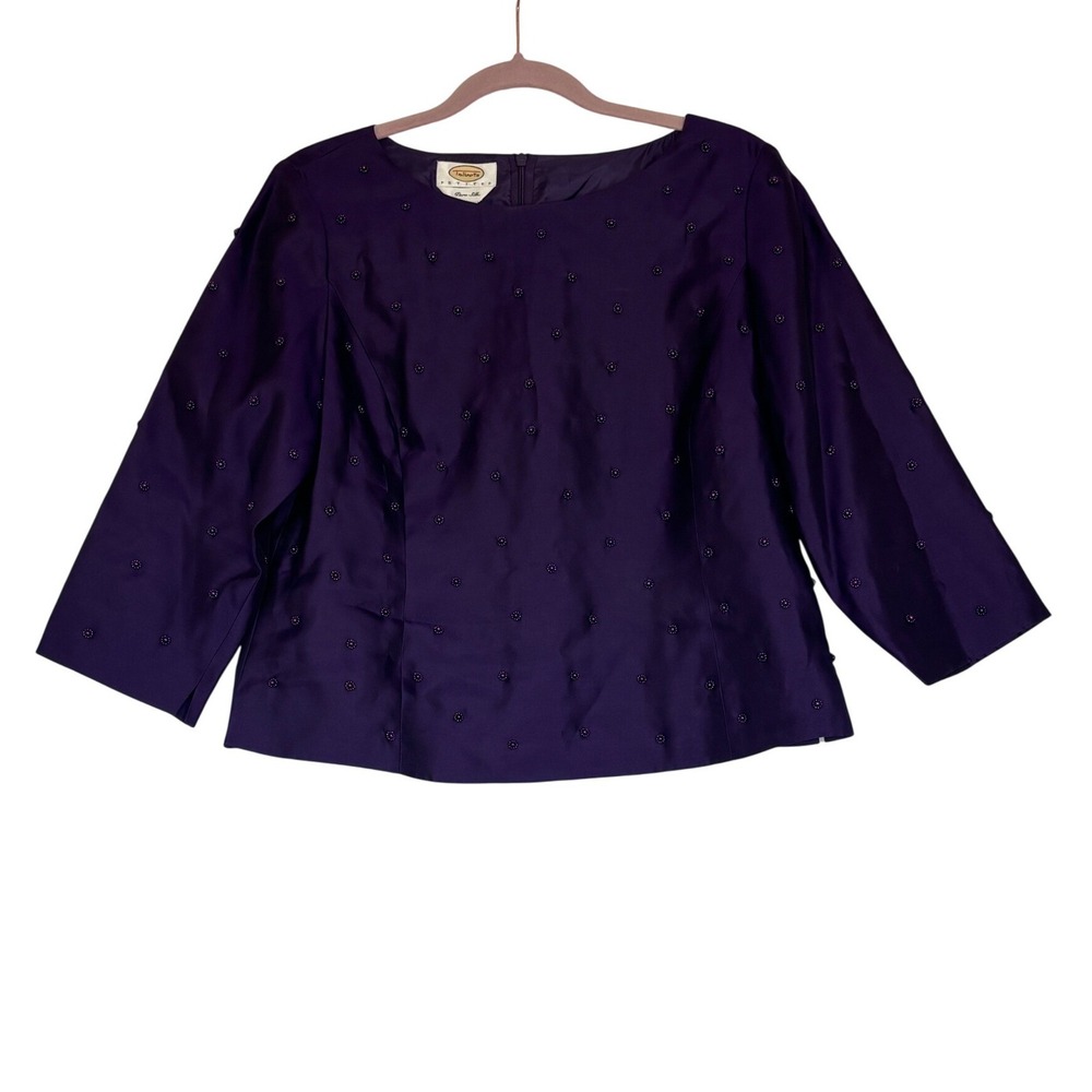 Talbots Petites Pure Silk Beaded Blouse Purple 3/4 Sleeve Evening Top Size 12P